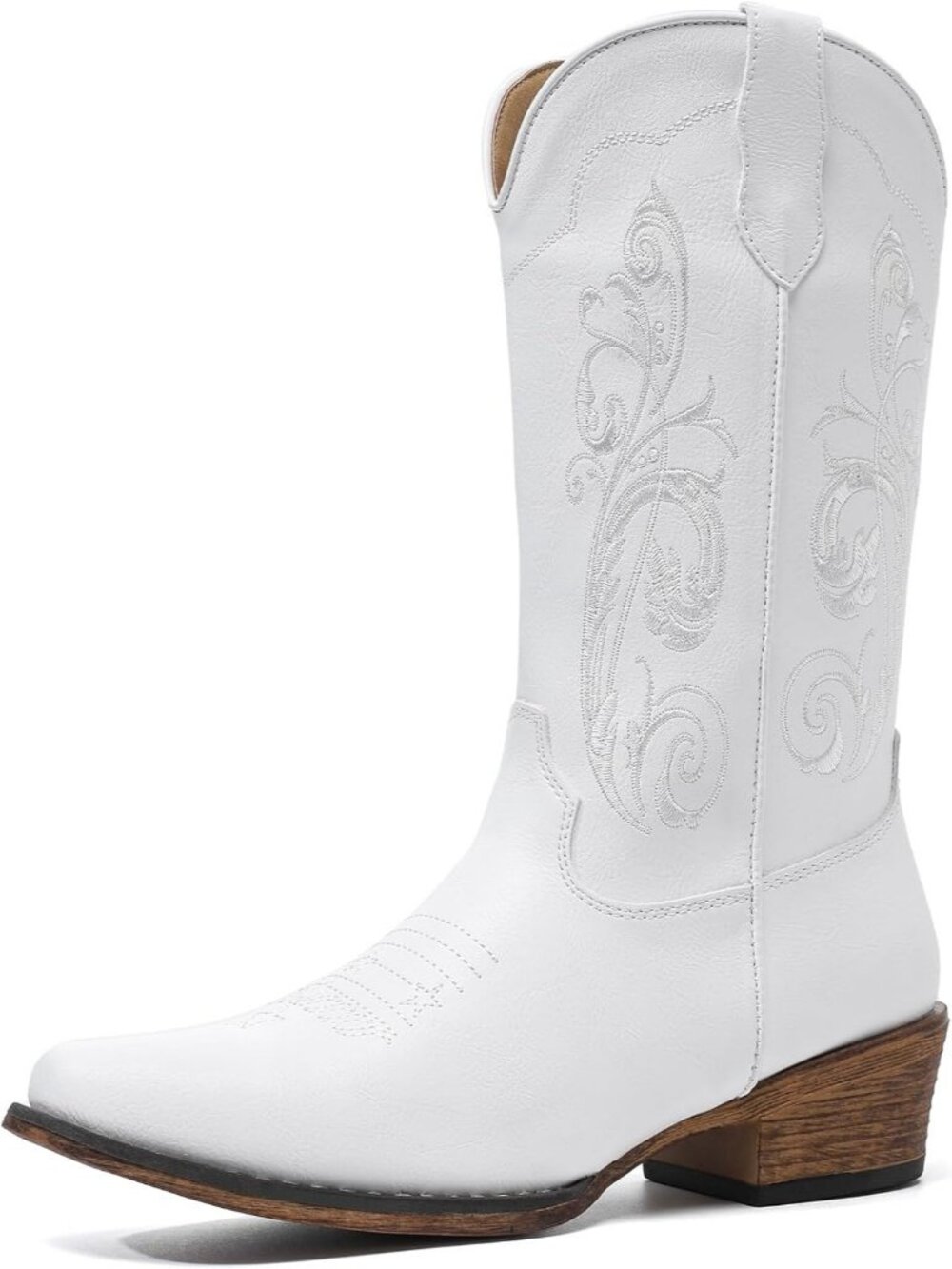 Women's White Western Mid Boots Embroidered Cowgirl Boots Ladies Pointy Toe